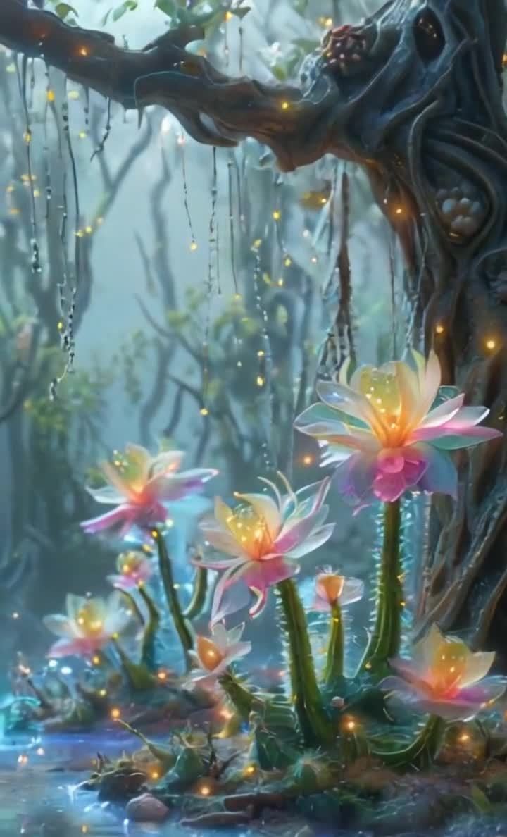 发光异域花朵与树木，梦幻森林仙境美景。