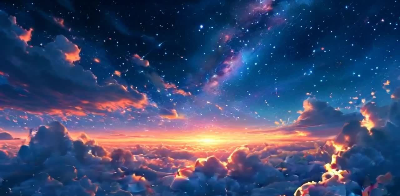 星河闪烁，点缀着深蓝色的天空。云海翻腾，云层呈现出