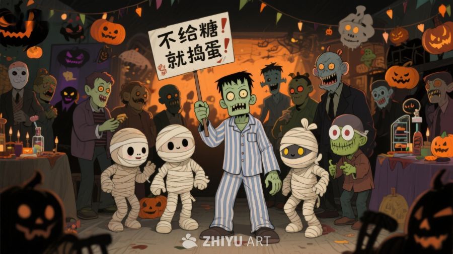 万圣节派对上的僵尸与木乃伊