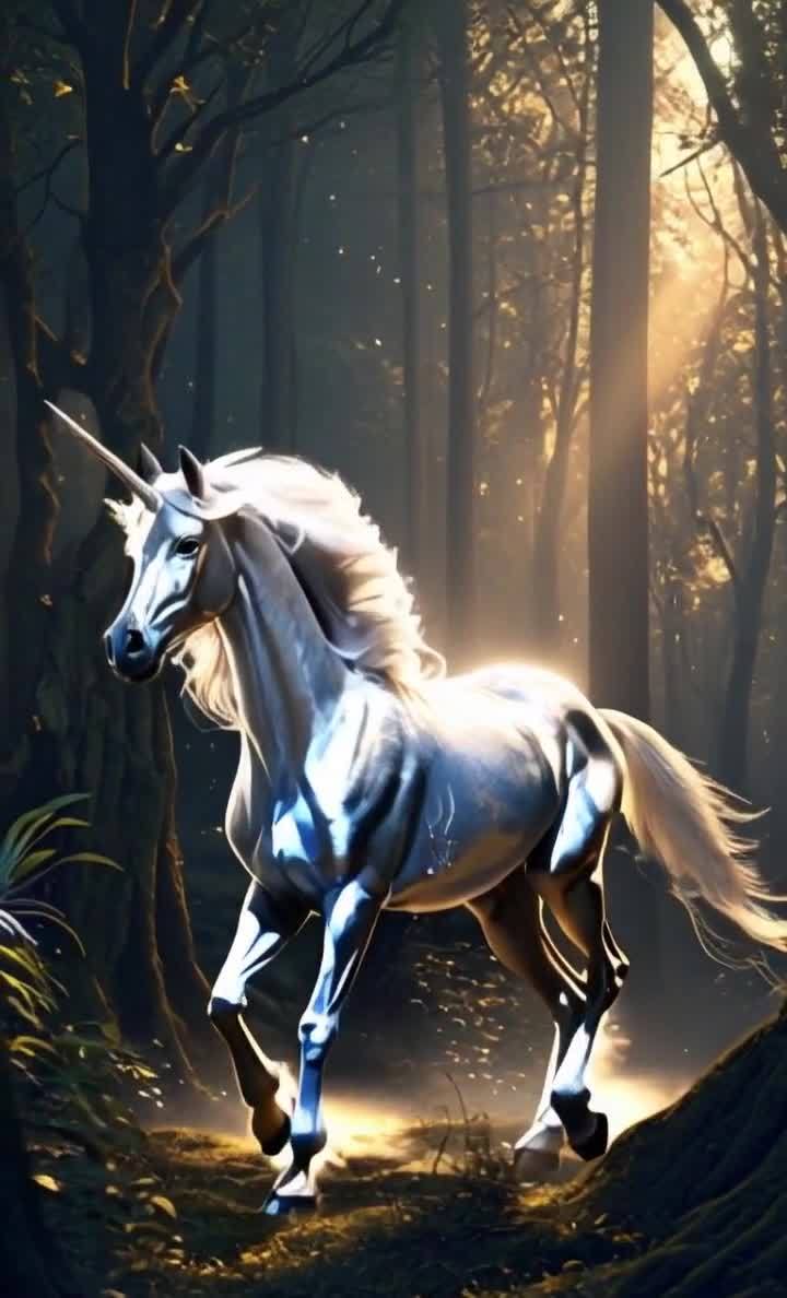 银白色独角兽穿梭于森林，光线洒下梦幻场景。