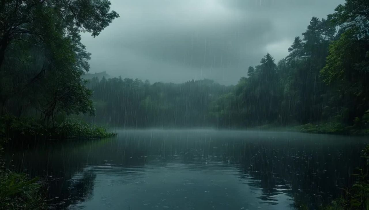 阴云密布的天空下，雨水垂直落下，一个湖泊被周围的树