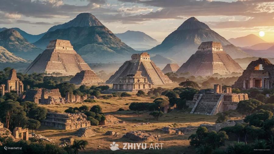 广阔的古代景观中，高耸的山脉在背景中，类似倒下的巨