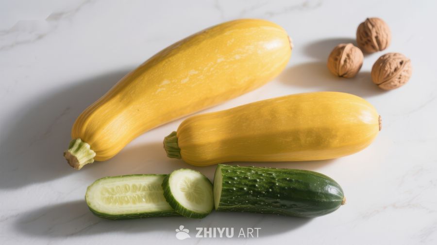 黄色西葫芦与黄瓜及核桃的静物组合