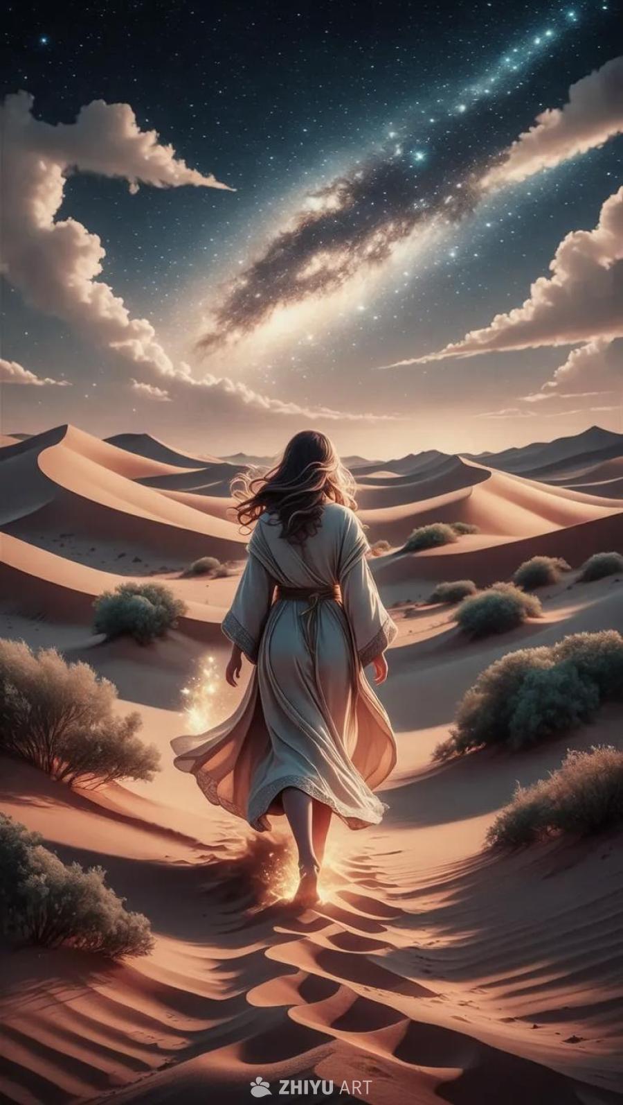 一个身穿长袍的女孩走在沙漠中。现在是夜晚，星星在闪