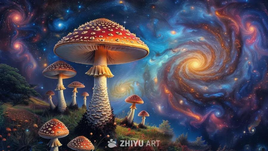 色彩斑斓的蘑菇丛生长在一片绿色的草地上，背景是深邃