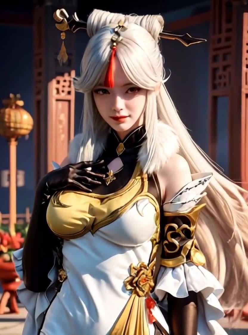 一位身穿白色长裙的女性角色站在一个类似古代建筑的场