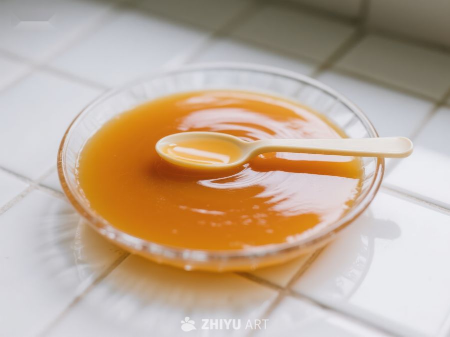 透明碗中的橙色液体与勺子