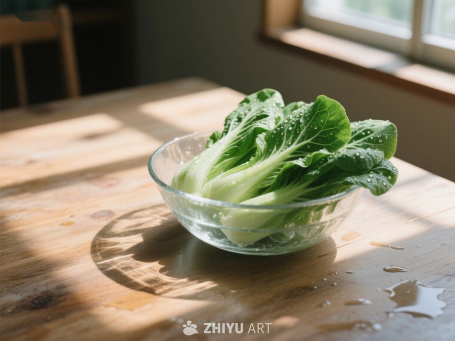 新鲜青菜置于透明碗中，阳光洒落 491