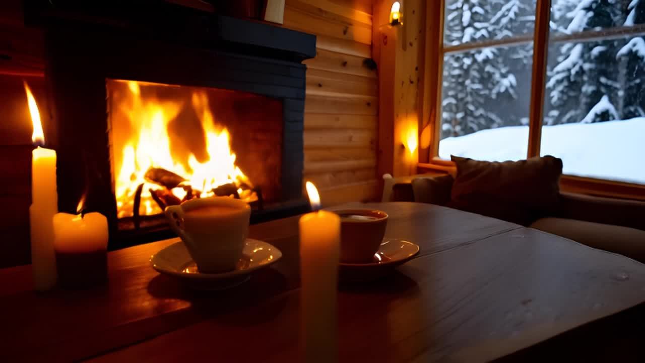 一个温暖舒适的小屋内部，壁炉里火焰正在燃烧，木桌上