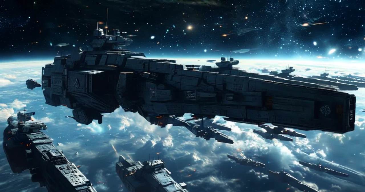 浩瀚星空中，一支庞大的银灰色战舰舰队排列整齐，如同