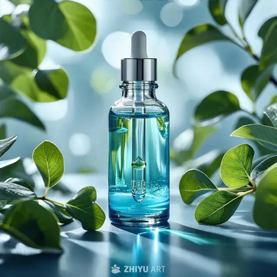 一个极简主义的现代药瓶特写，背景是柔焦的绿色叶子和
