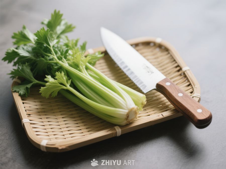 芹菜与刀置于竹篮 335