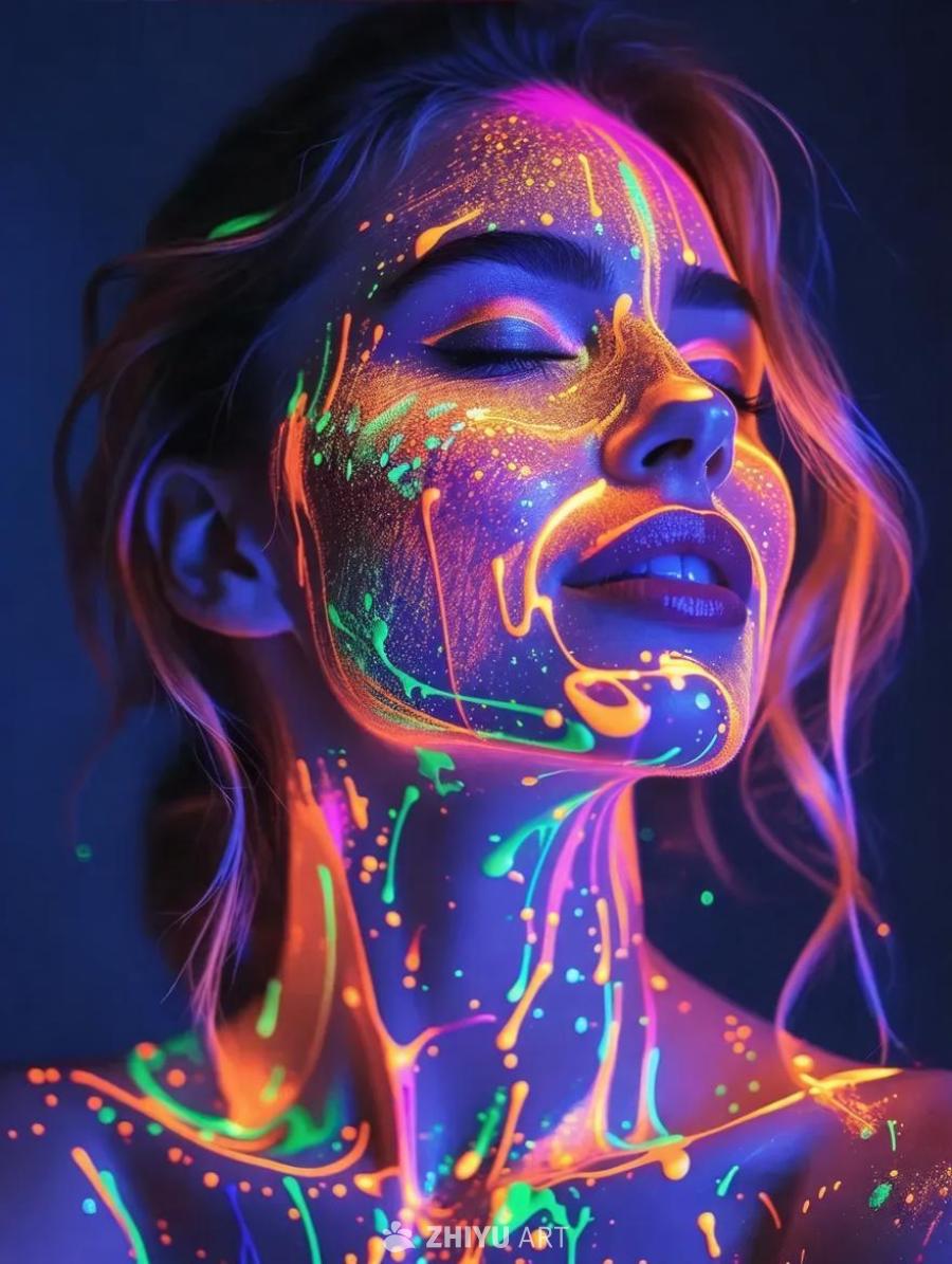 一个女人的脸和上半身覆盖着霓虹灯和荧光涂料的飞溅物