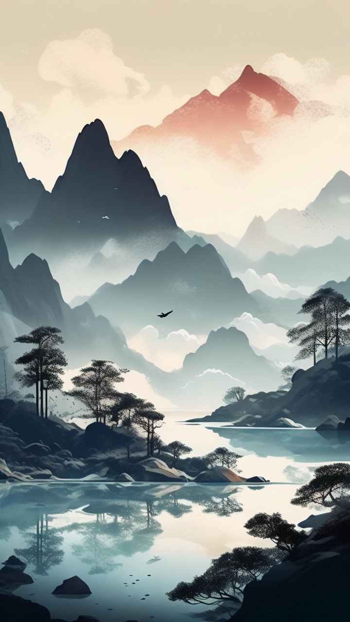 国风水彩画山水风景插画 60