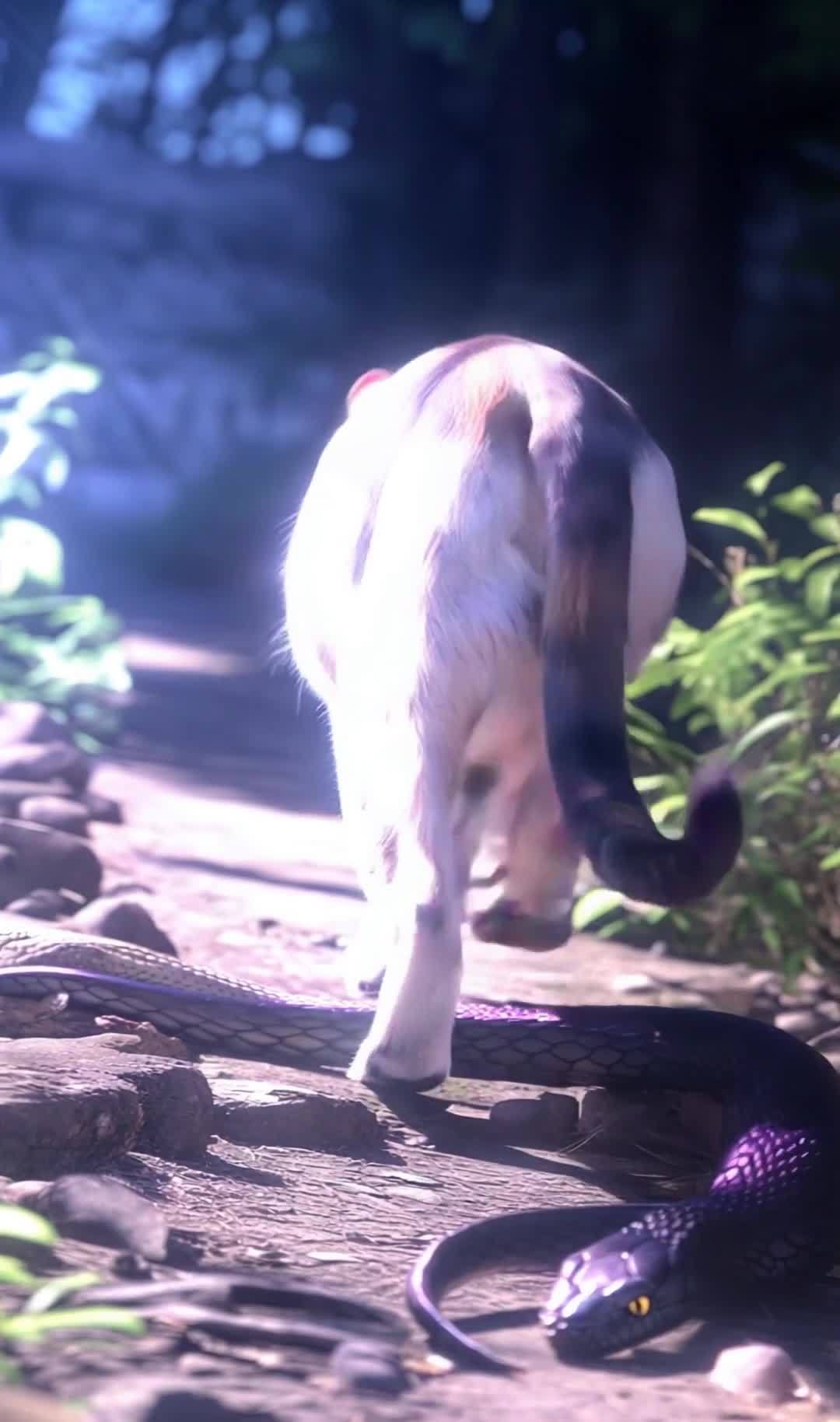猫与紫蛇：丛林石头上的相遇与对峙