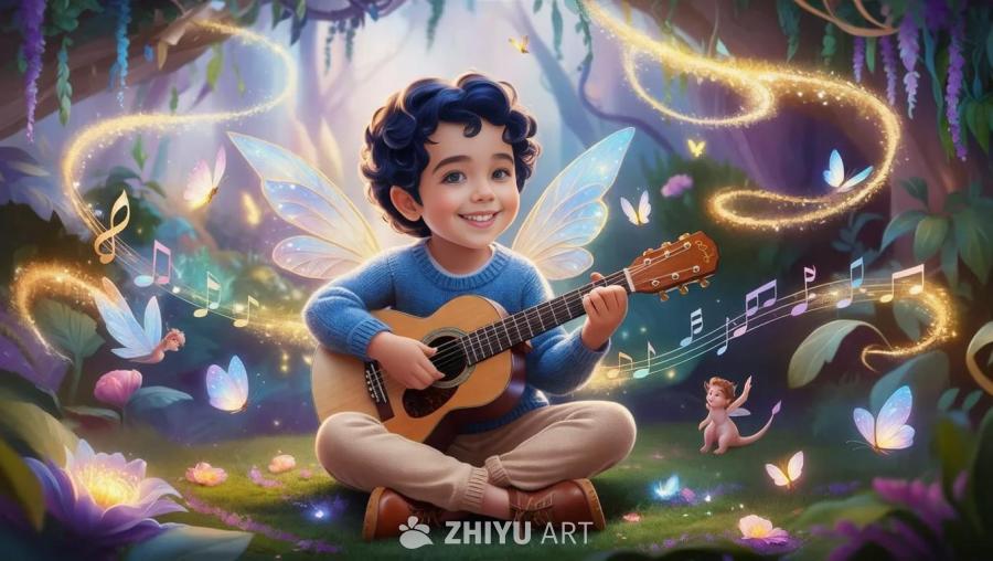 一个卷曲黑发的孩子，穿着蓝色毛衣、米色裤子和棕色鞋