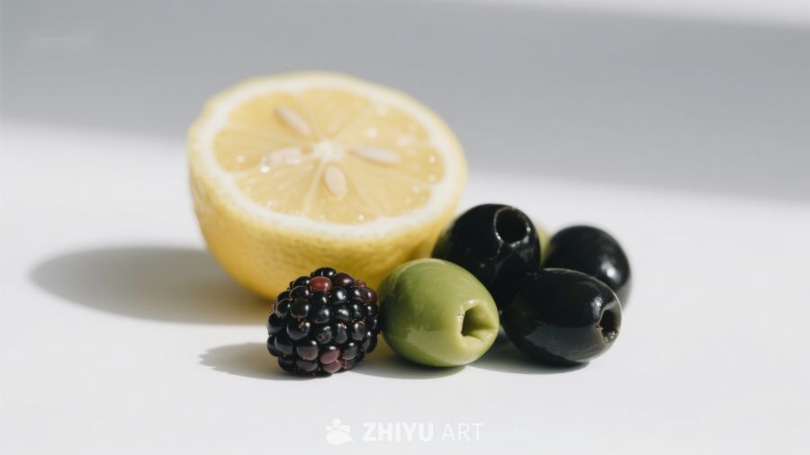 柠檬切片与橄榄黑莓的静物组合 235