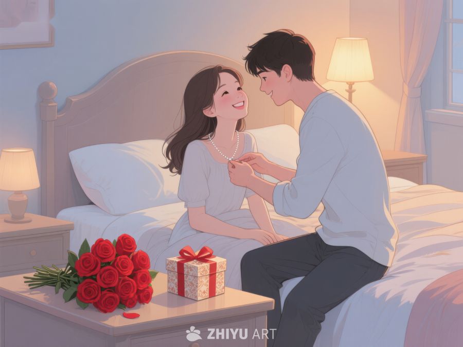 温馨卧室中情侣互赠礼物 793