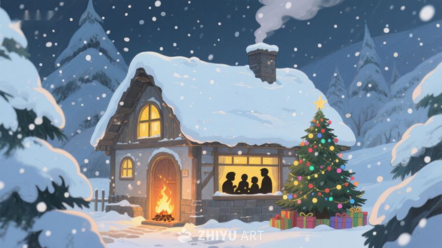 雪夜温馨小屋与圣诞树 444