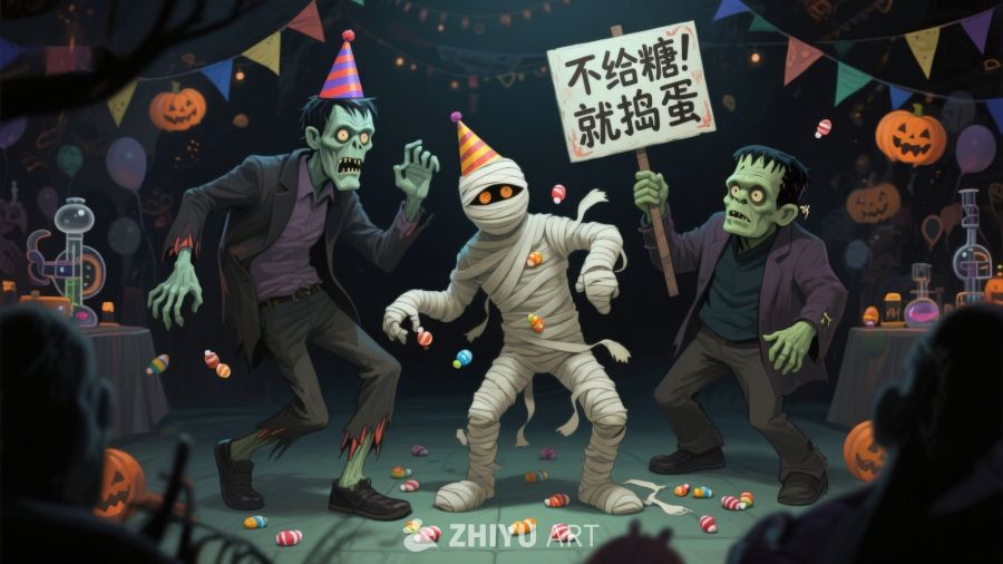万圣节派对上的僵尸、木乃伊和弗兰肯斯坦