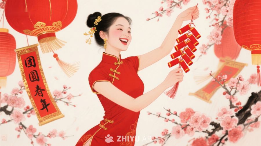 新春佳节，女子手持鞭炮喜庆迎春 131