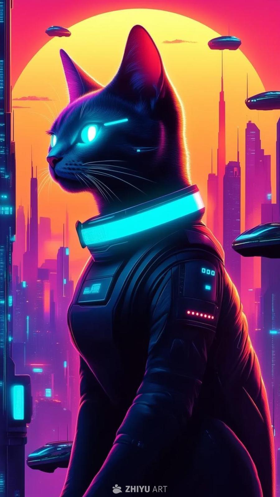 一只黑色的猫，戴着带有蓝色光圈的项圈和黑色宇航服，