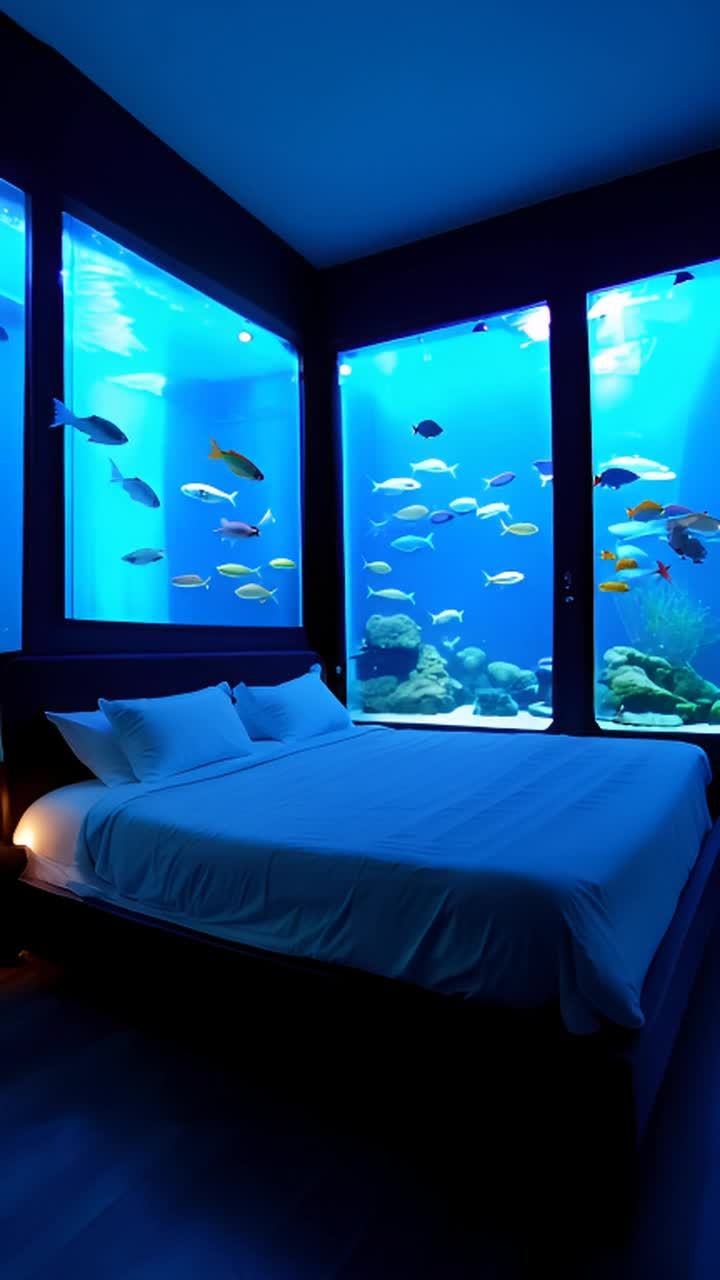 卧室里有一张大床，床后面的墙上装饰着水族馆，里面游