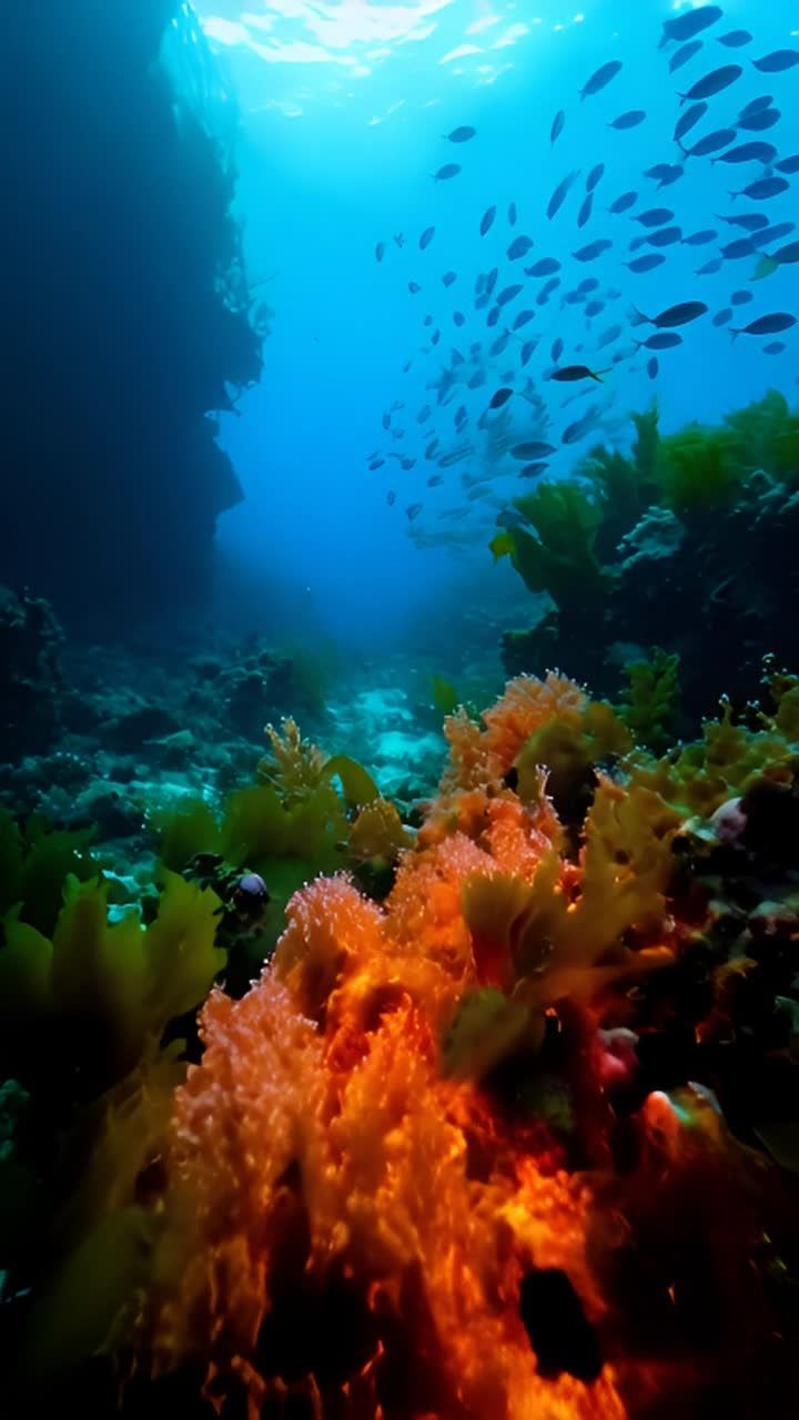 水下场景，海底布满橙色珊瑚和绿色海藻，周围环绕着鲜