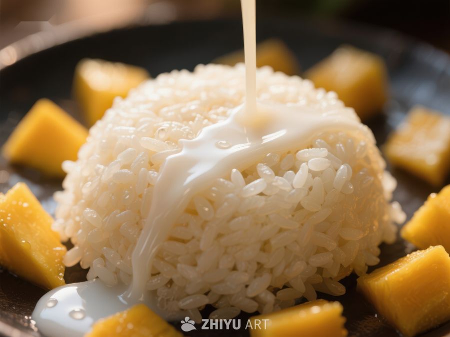 芒果糯米饭配椰奶浇汁