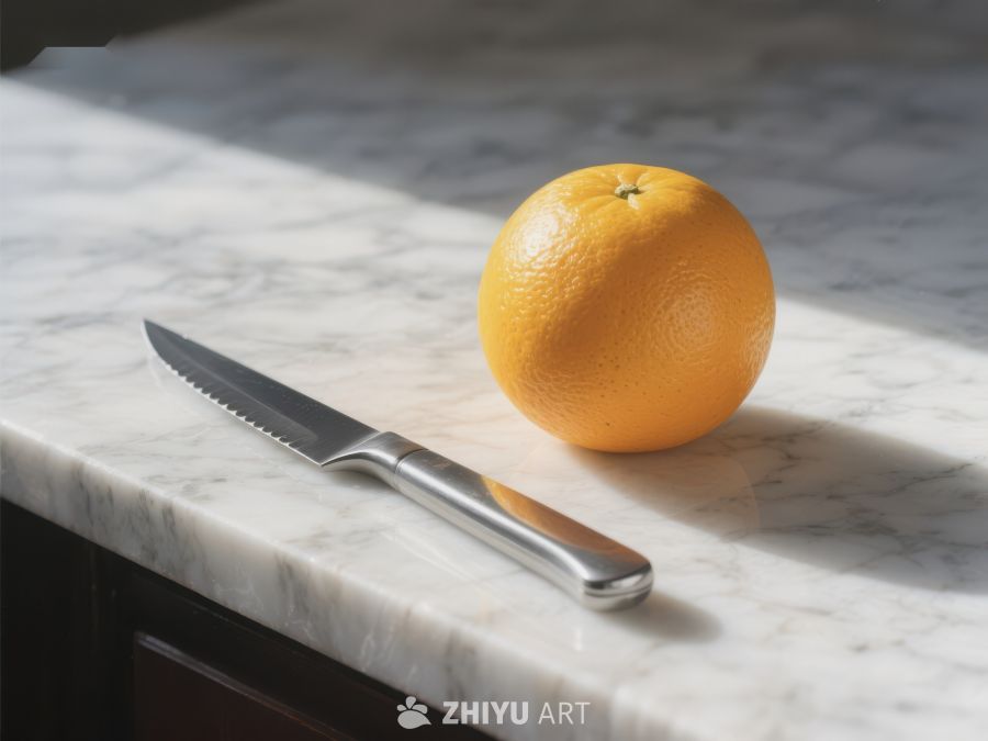 橙子与刀具置于大理石台面 47