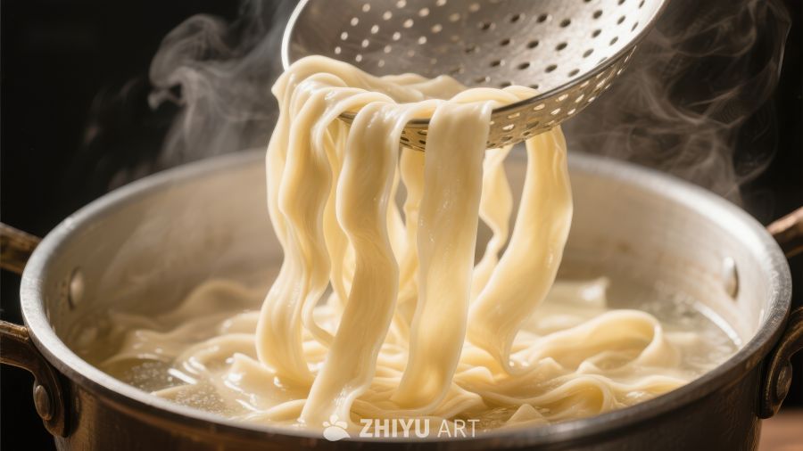 热气腾腾的面条从锅中捞起