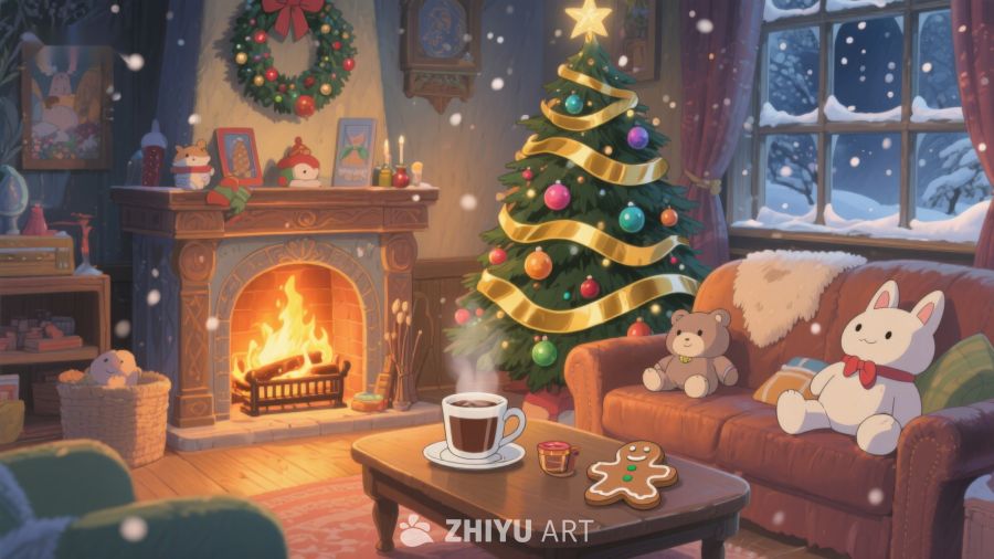 温馨圣诞夜，客厅装饰与暖炉 306