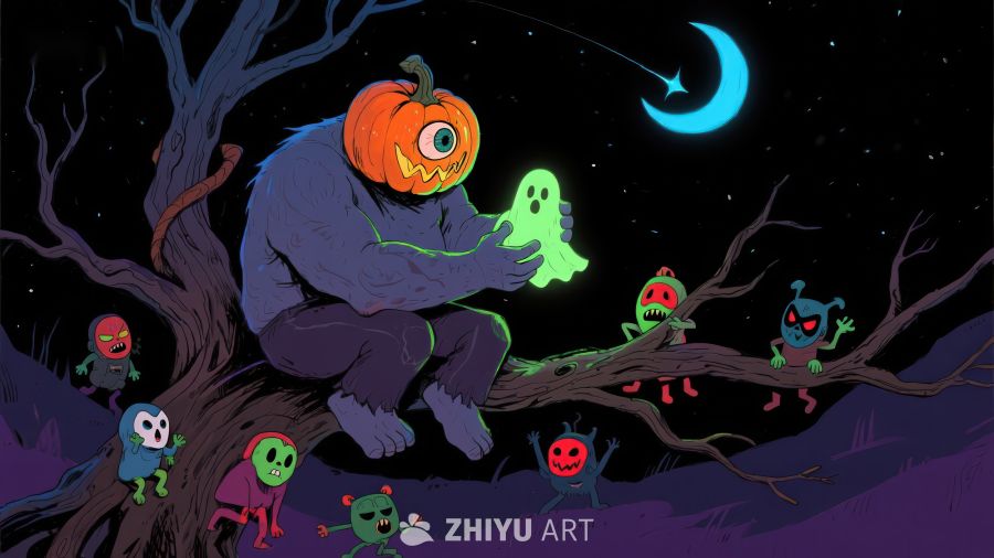南瓜头怪与小鬼共度月夜