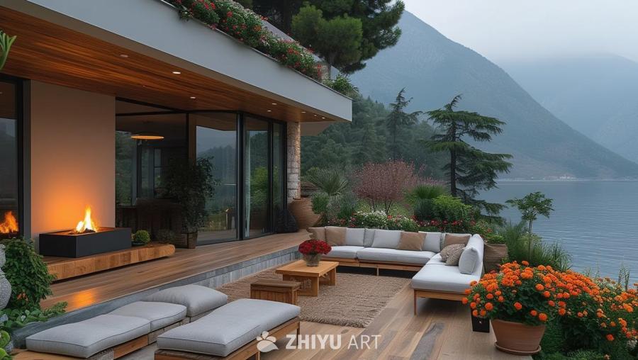 一栋小屋的角落里，壁炉里燃烧着火焰。户外露台铺着木