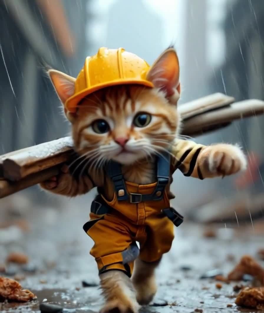 戴安全帽的猫工匠雨中运送木板，很辛苦。