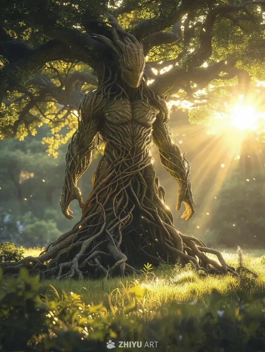一个半人半树的可怕生物站在阳光明媚的地方，周围有植