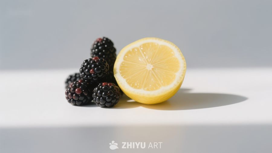柠檬半切与黑莓静物
