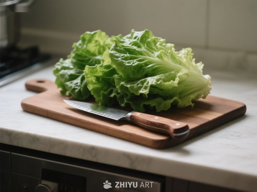 生菜置于砧板之上，刀具相伴 368