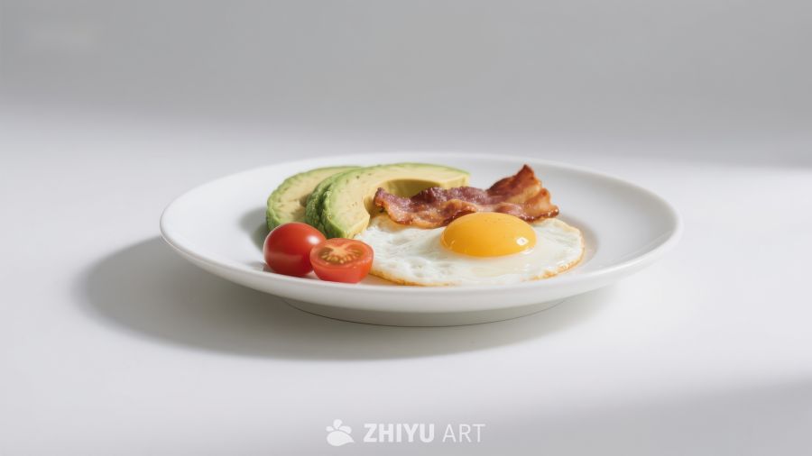 简单早餐：煎蛋、培根、牛油果和樱桃番茄