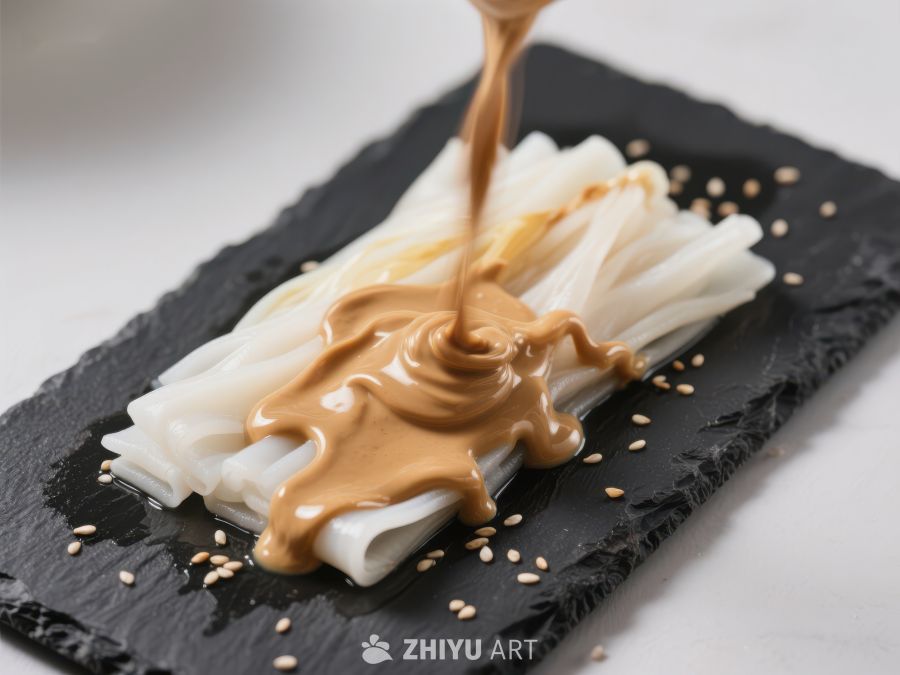 酱汁淋在面条上的美食特写 394