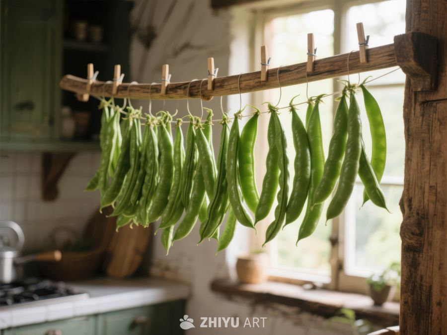 厨房中悬挂的绿色豆荚 135