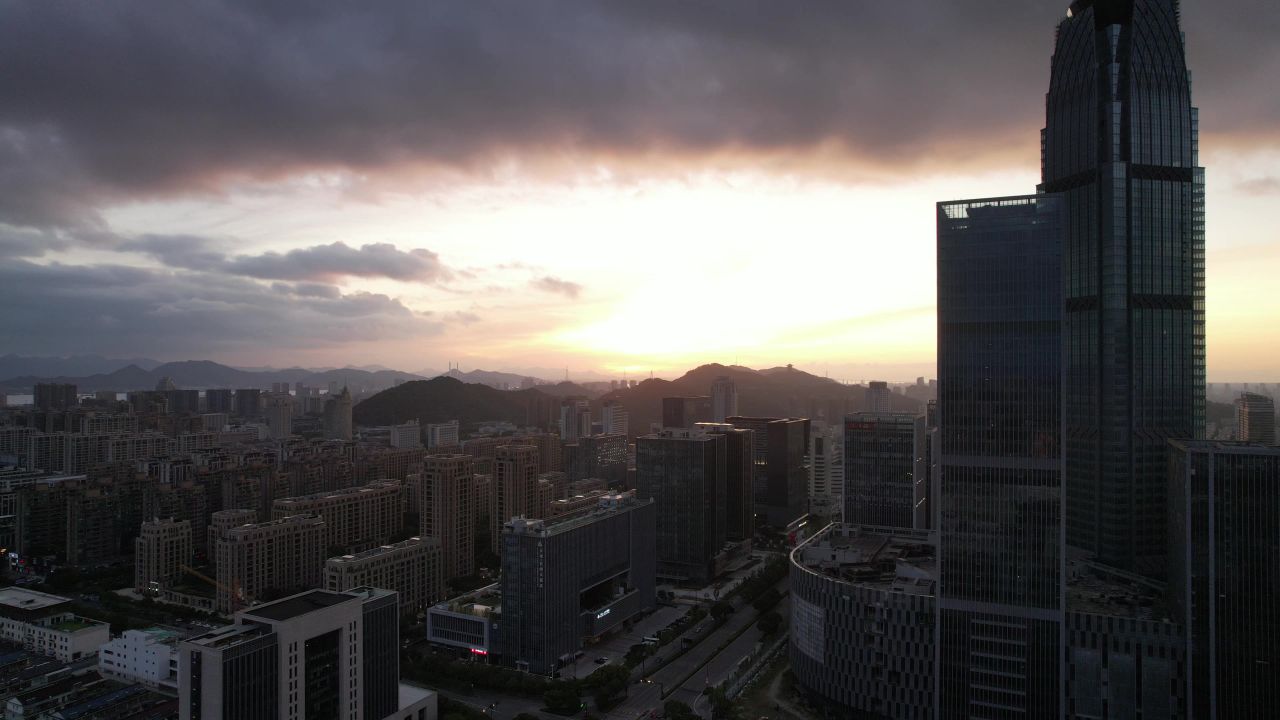 城市朝霞彩霞日出台州日出航拍