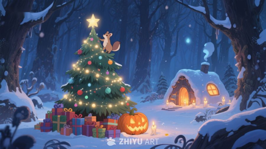 冬夜森林中的圣诞树与小屋 55