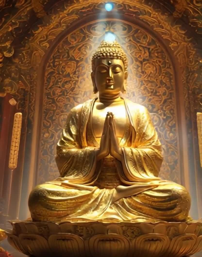 一尊金色的佛像，双手合十，呈冥想姿势，端坐于莲花座