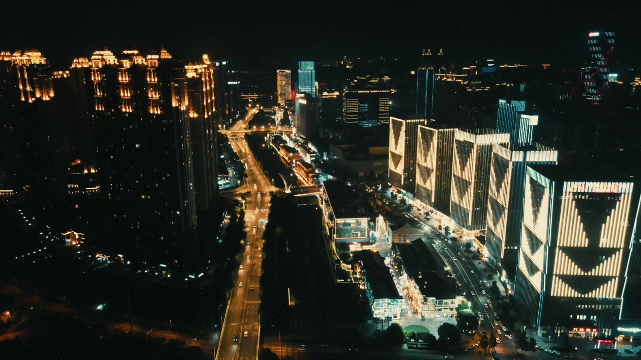 湖北武汉楚河汉界夜景灯光航拍