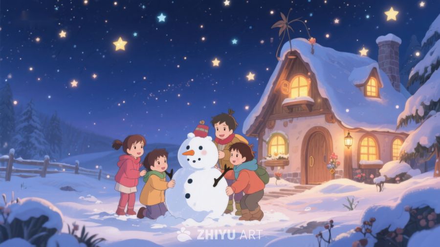 冬夜温馨，孩子们与雪人共度时光 65