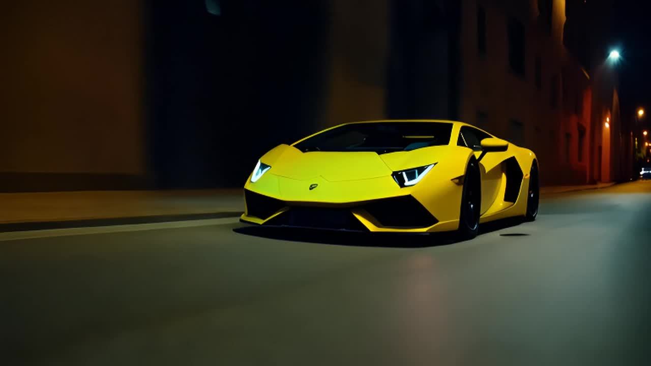 一辆黄色的兰博基尼Aventador在夜晚的狭窄小