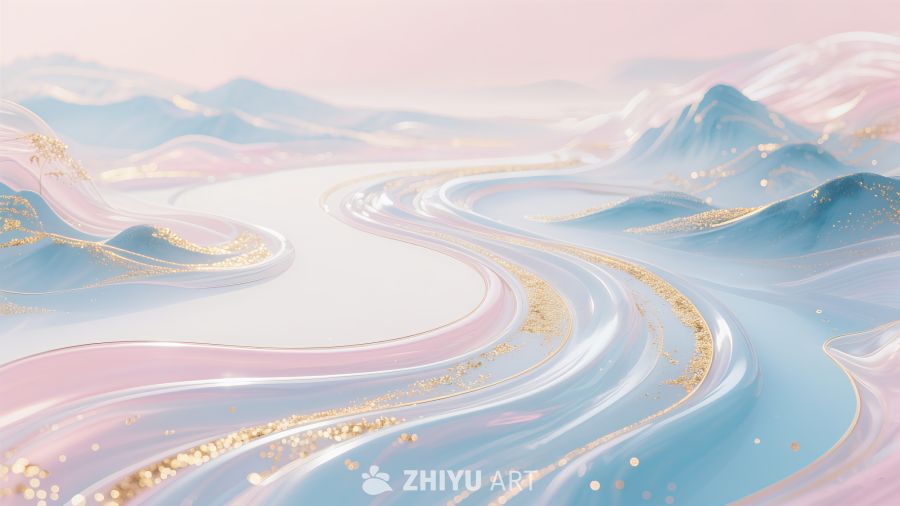 金箔中国风山水河流插画背景素材 7