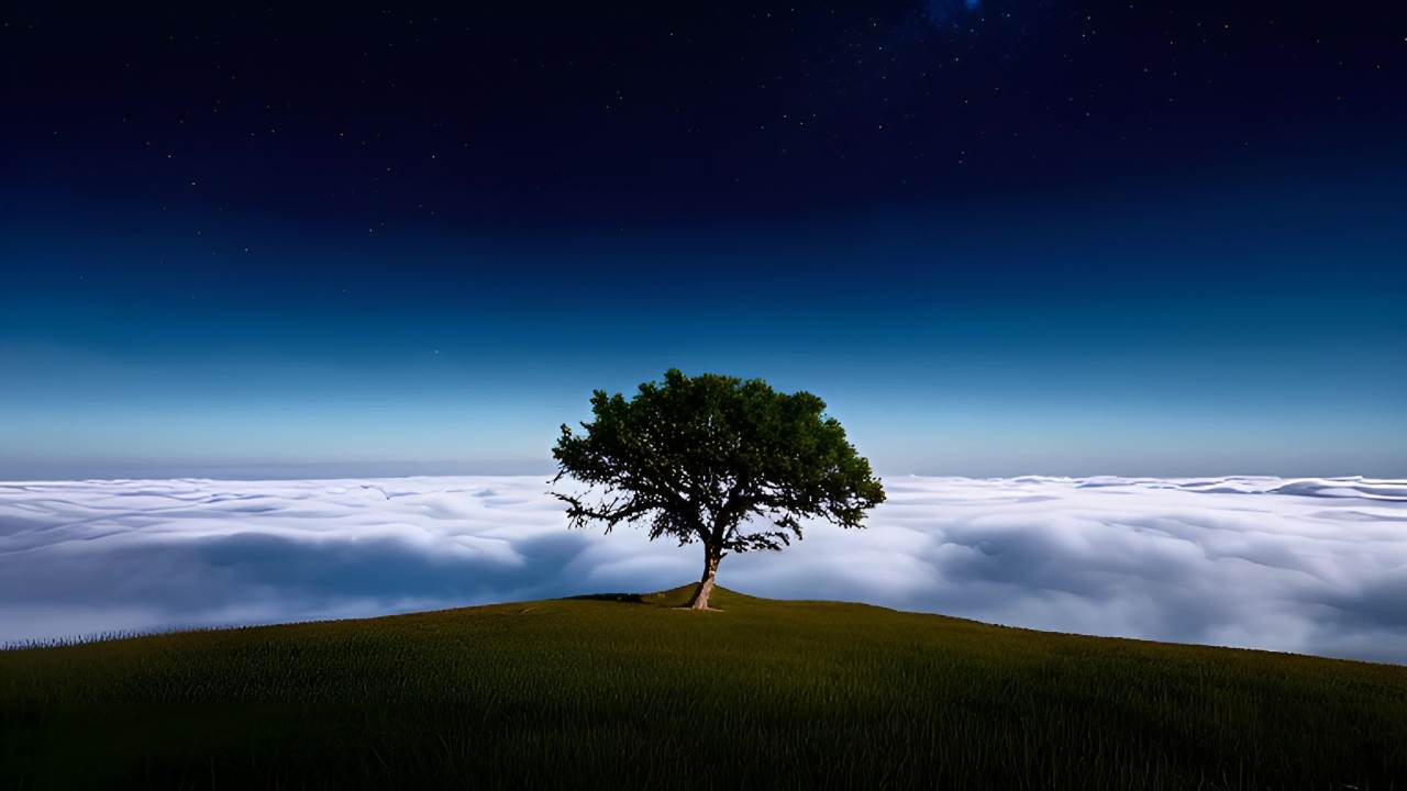 一颗树位于绿色山顶，其下方是云海。背景是深蓝色天空