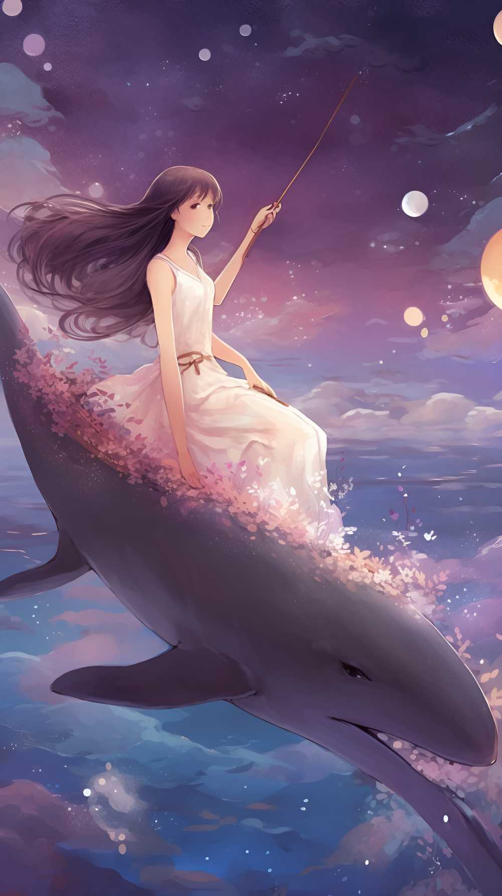 一个女孩和一只乳白色的海豚在天空中